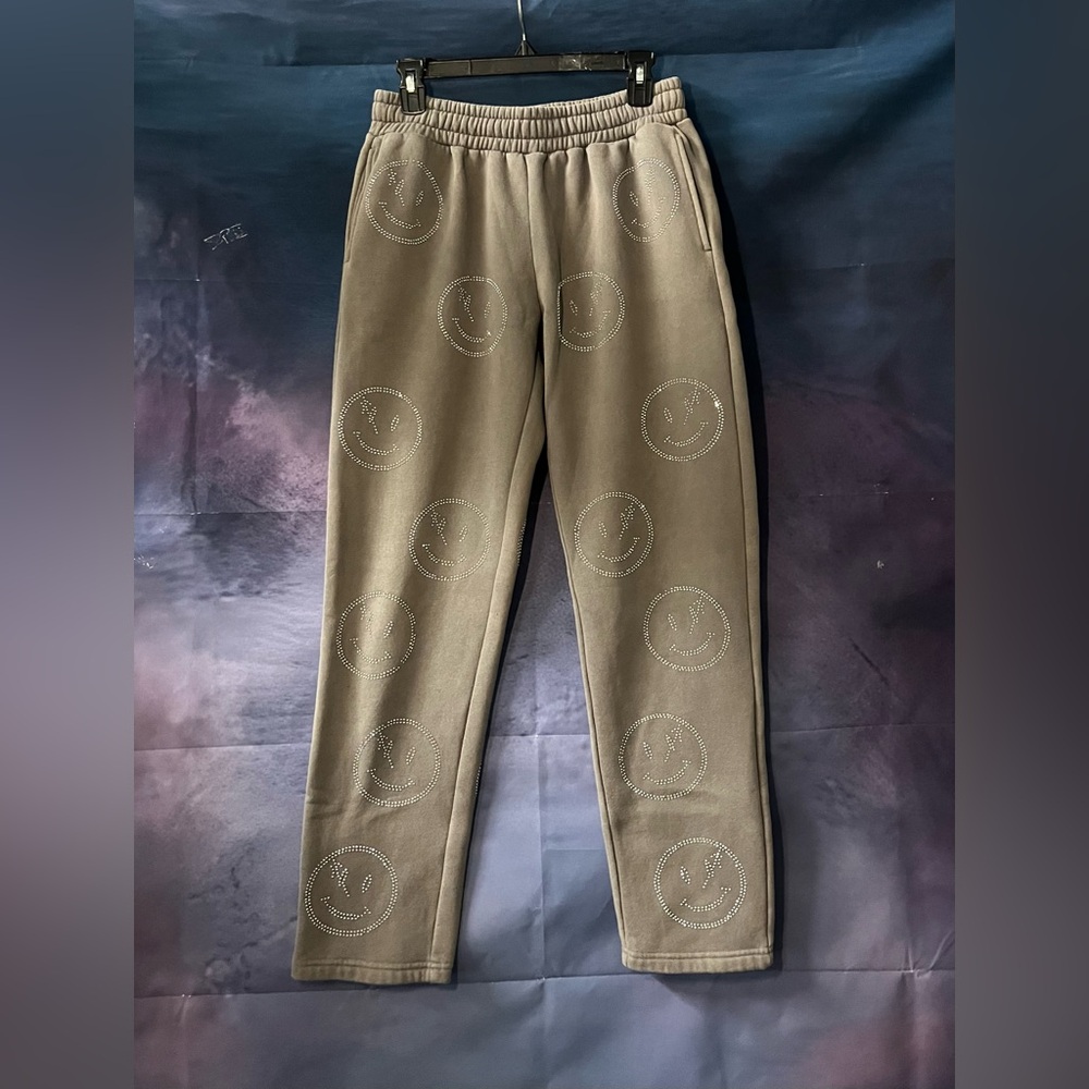 RETROVERT ALL OVER SMILEY FACE IN RHINESTONE Grey JOGGERS MEN SIZE Medium Y2K